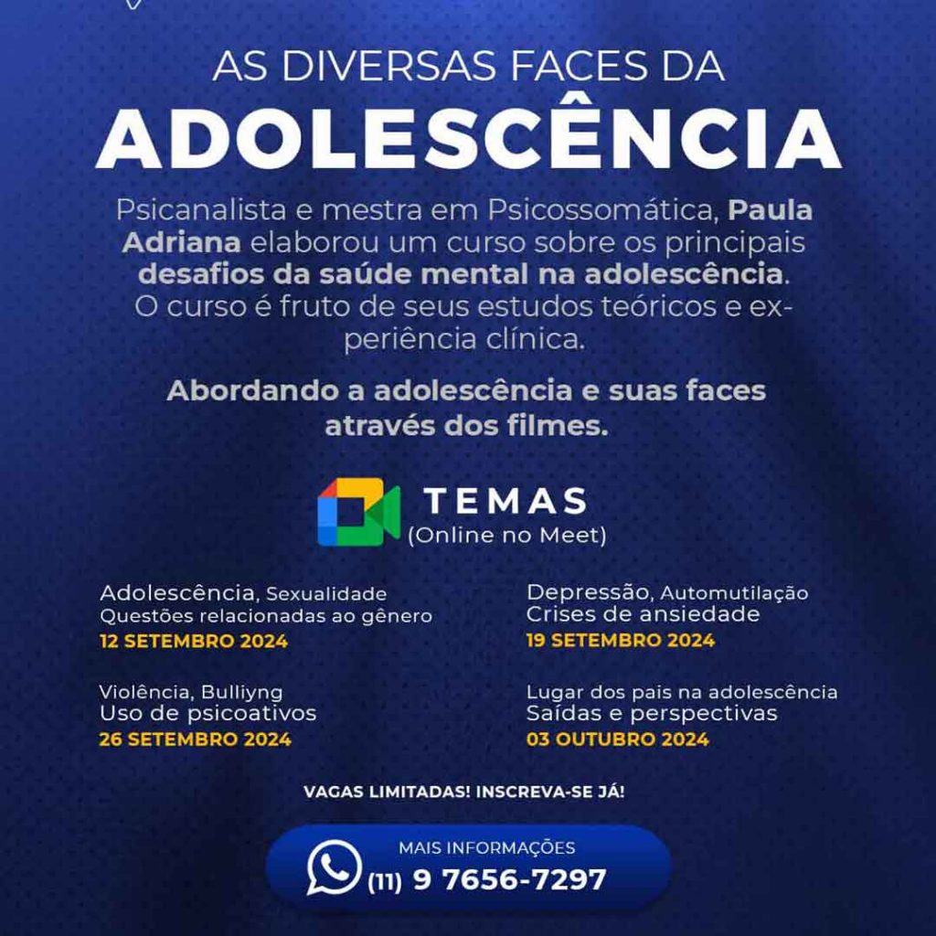 Os principais desafios da saúde mental na adolescência são o foco do curso 'As diversas faces da adolescência', desenvolvido por Paula Adriana, psicanalista e mestre em psicossomática.